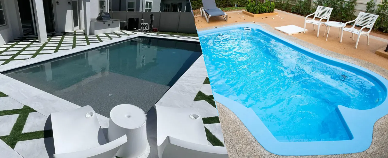 Rectangular pool with a curved bench seat and turf accents.