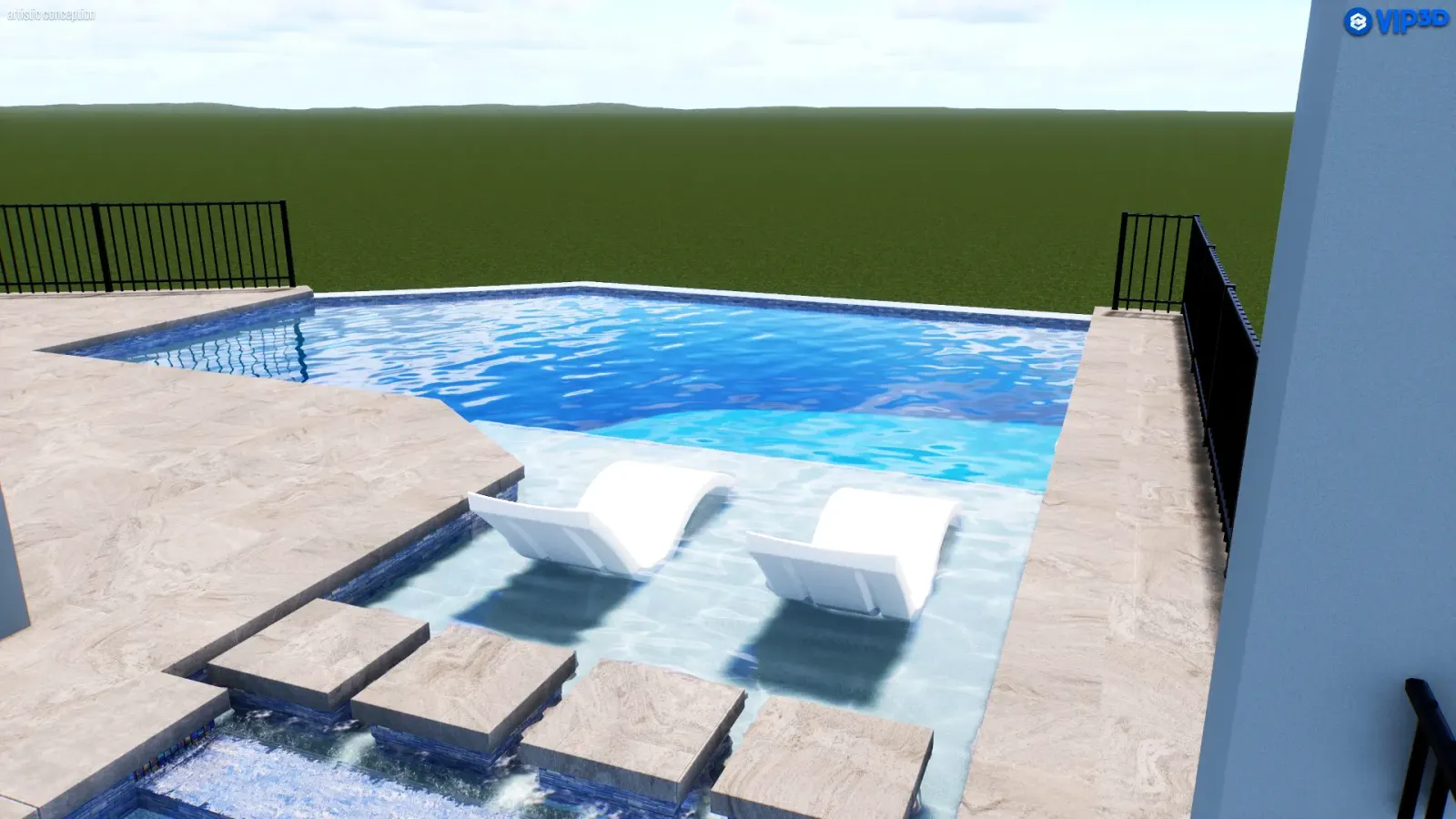 Freeform pool with a sun shelf and two white lounge chairs.