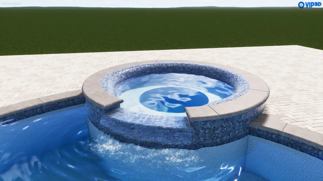 Close-up of a round raised spa with blue mosaic tile and bubbling water.