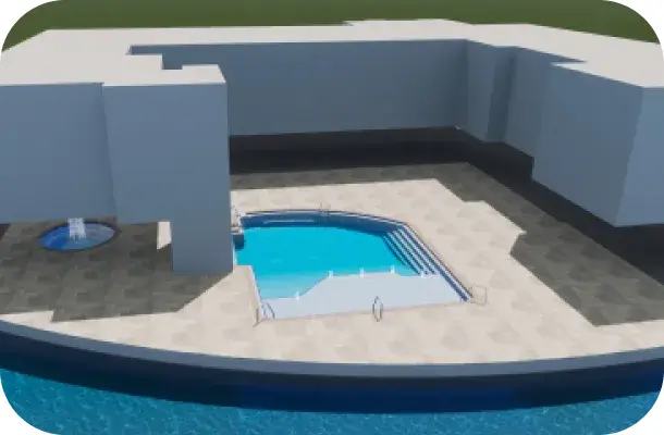 Corner spa area built into the pool deck alongside a low wall.
