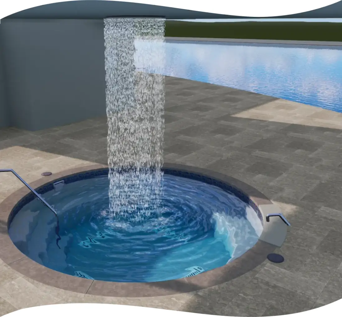 Circular spa with water cascading from an overhead ring fixture, marina in the background.